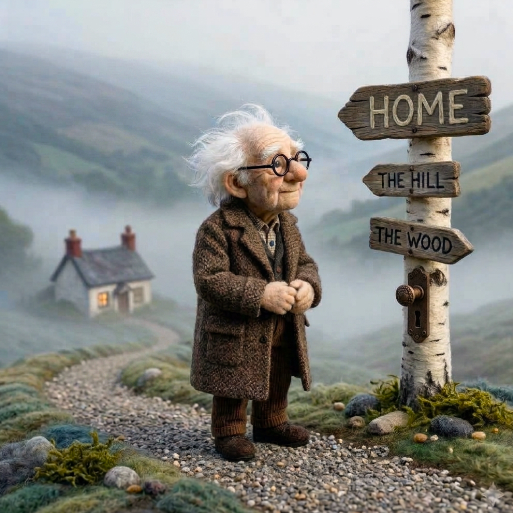 Needle felted stop-motion sculpture of an old man by a birch tree signpost in a liminal space from If You Lived Here, You’d Be Home Already.